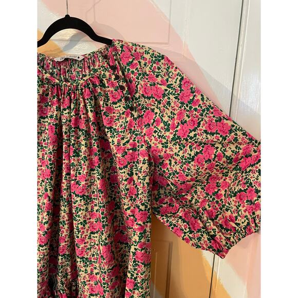 Zara Floral Babydoll Smock Mini Dress Pink Roses Ruffle Hem Size Large - Picture 11 of 12